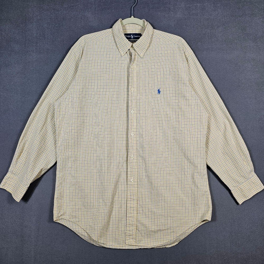 Ralph Lauren Shirt Mens 16 32/33 Yellow Check Classic Button Down Long Sleeve